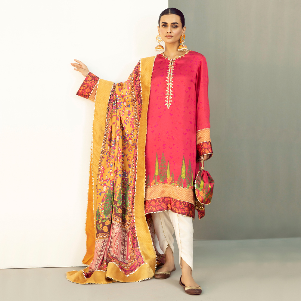 Raani Pink Gota Shamoz Silk Kurta Set (4-Piece) - Image 2