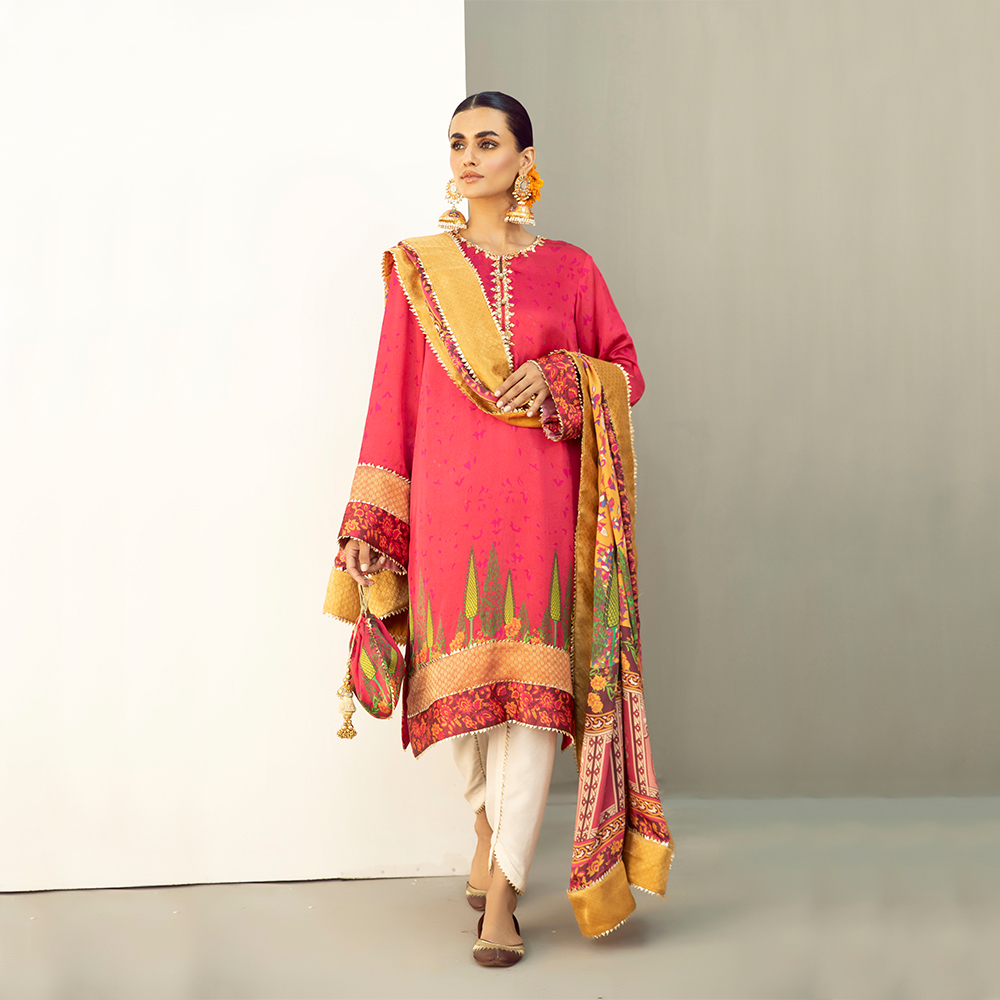 Raani Pink Gota Shamoz Silk Kurta Set (4-Piece) - Image 3