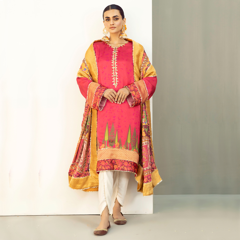 Raani Pink Gota Shamoz Silk Kurta Set (4-Piece) - Image 5