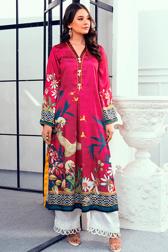Fuchsia Pink Printed Shamoz Silk Long Shirt (2-Piece) - Image 2