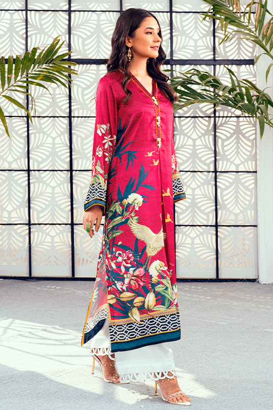 Fuchsia Pink Printed Shamoz Silk Long Shirt (2-Piece) - Image 4