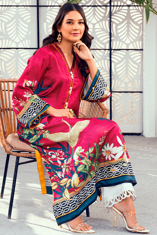 Fuchsia Pink Printed Shamoz Silk Long Shirt (2-Piece) - Image 5