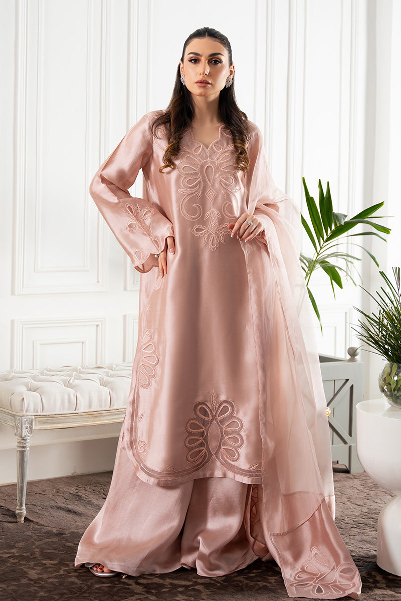Pakistani Dusty Pink Appliqué Sheesha Silk Salwar Kameez (2-Piece) - Image 1