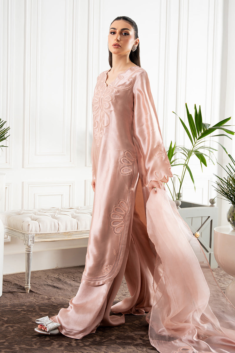 Pakistani Dusty Pink Appliqué Sheesha Silk Salwar Kameez (2-Piece) - Image 6