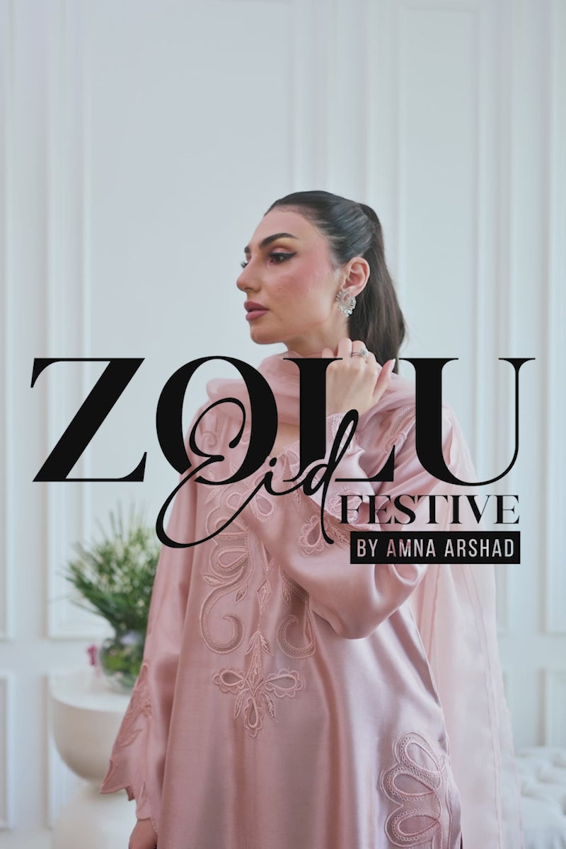 Pakistani Dusty Pink Appliqué Sheesha Silk Salwar Kameez (2-Piece) - Image 8