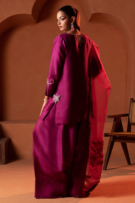 Magenta Diamanté Sheesha Silk Farshi Shalwar (3-Piece) - Image 1
