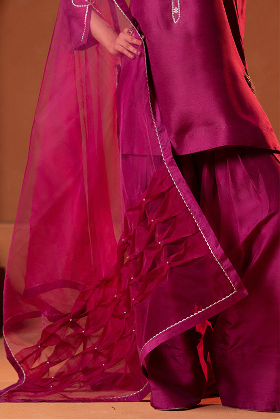 Magenta Diamanté Sheesha Silk Farshi Shalwar (3-Piece) - Image 4