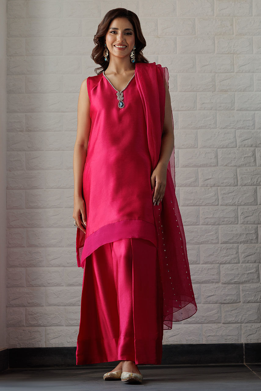 Fuchsia Pink Embellished Sheesha Silk Farshi Shalwar (3-Piece) - Image 1