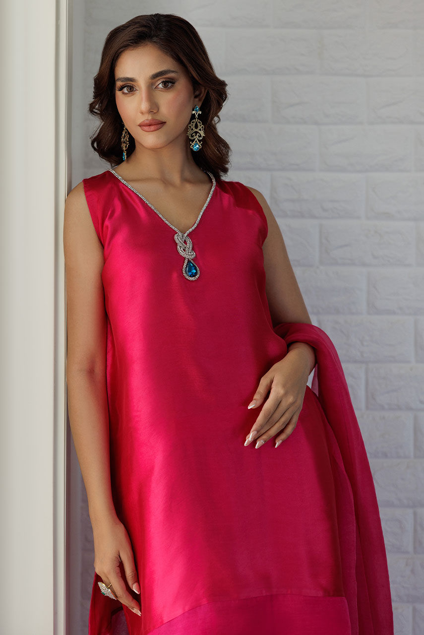 Fuchsia Pink Embellished Sheesha Silk Farshi Shalwar (3-Piece) - Image 2