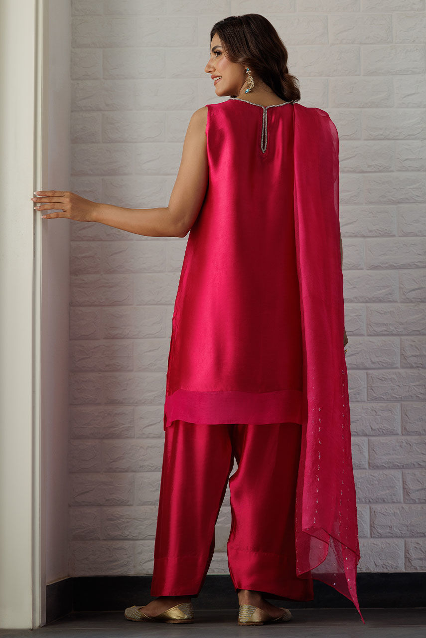 Fuchsia Pink Embellished Sheesha Silk Farshi Shalwar (3-Piece) - Image 3