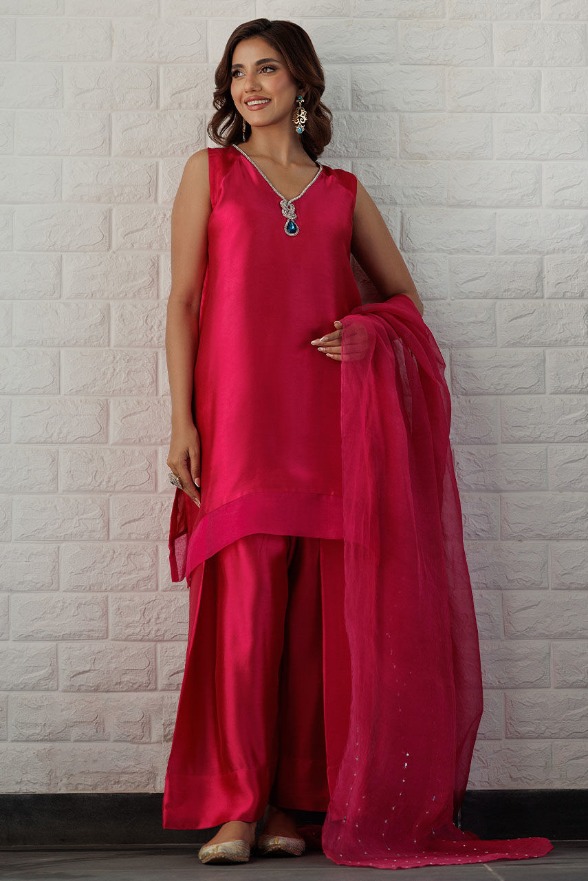 Fuchsia Pink Embellished Sheesha Silk Farshi Shalwar (3-Piece) - Image 4