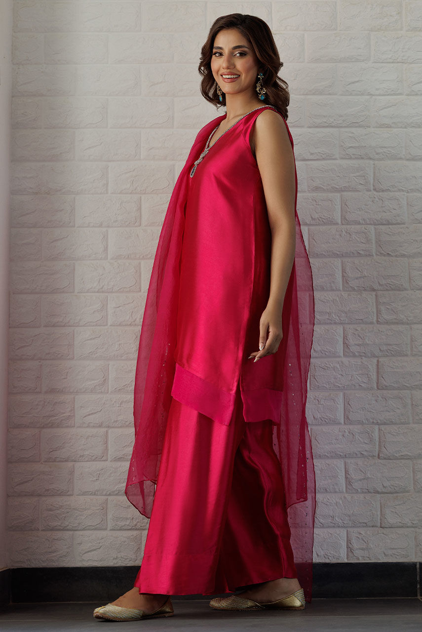 Fuchsia Pink Embellished Sheesha Silk Farshi Shalwar (3-Piece) - Image 5