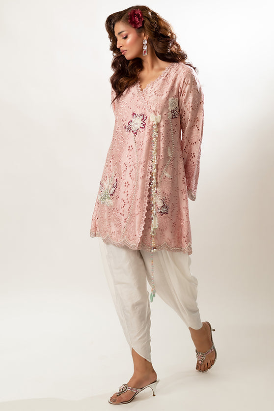 Soft Pink Embroidered Sheesha Silk Kurta (3-Piece) - Image 1