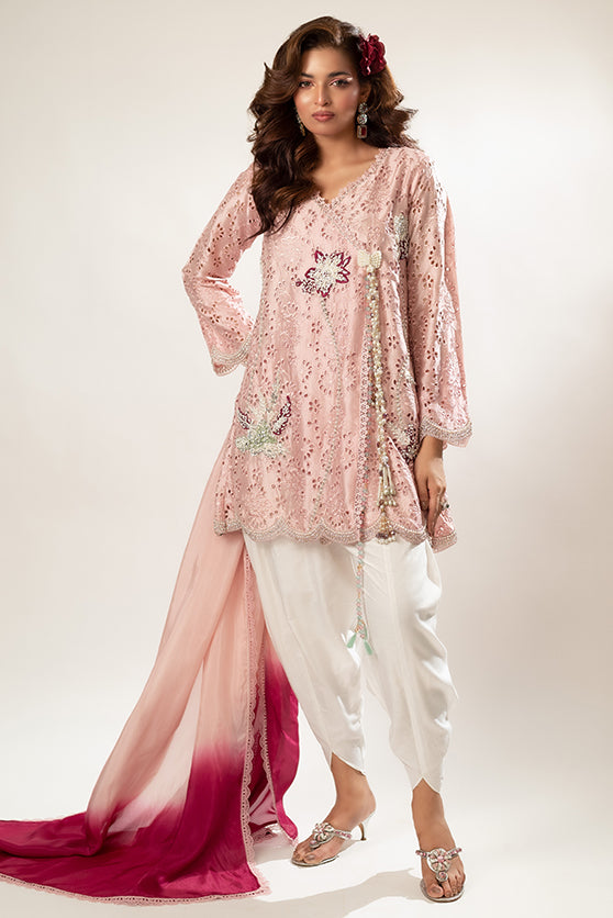 Soft Pink Embroidered Sheesha Silk Kurta (3-Piece) - Image 2
