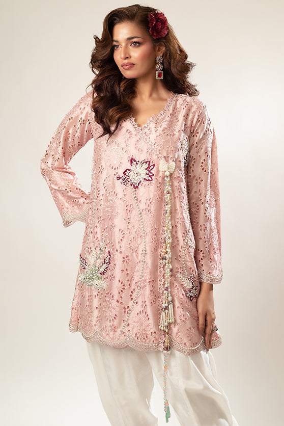Soft Pink Embroidered Sheesha Silk Kurta (3-Piece) - Image 5