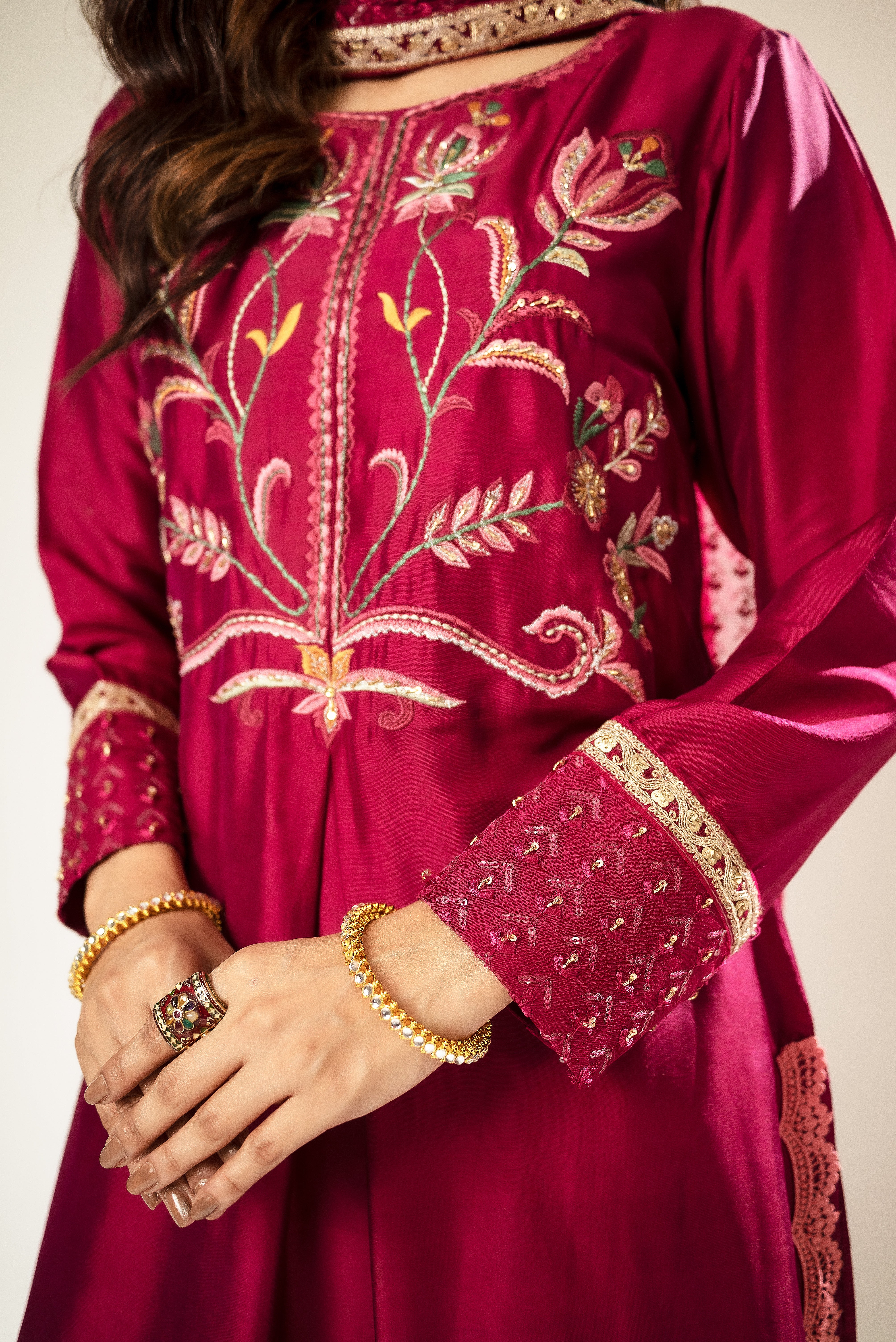 Magenta Embroidered Sheesha Silk Salwar Kameez (3-Piece) - Image 1