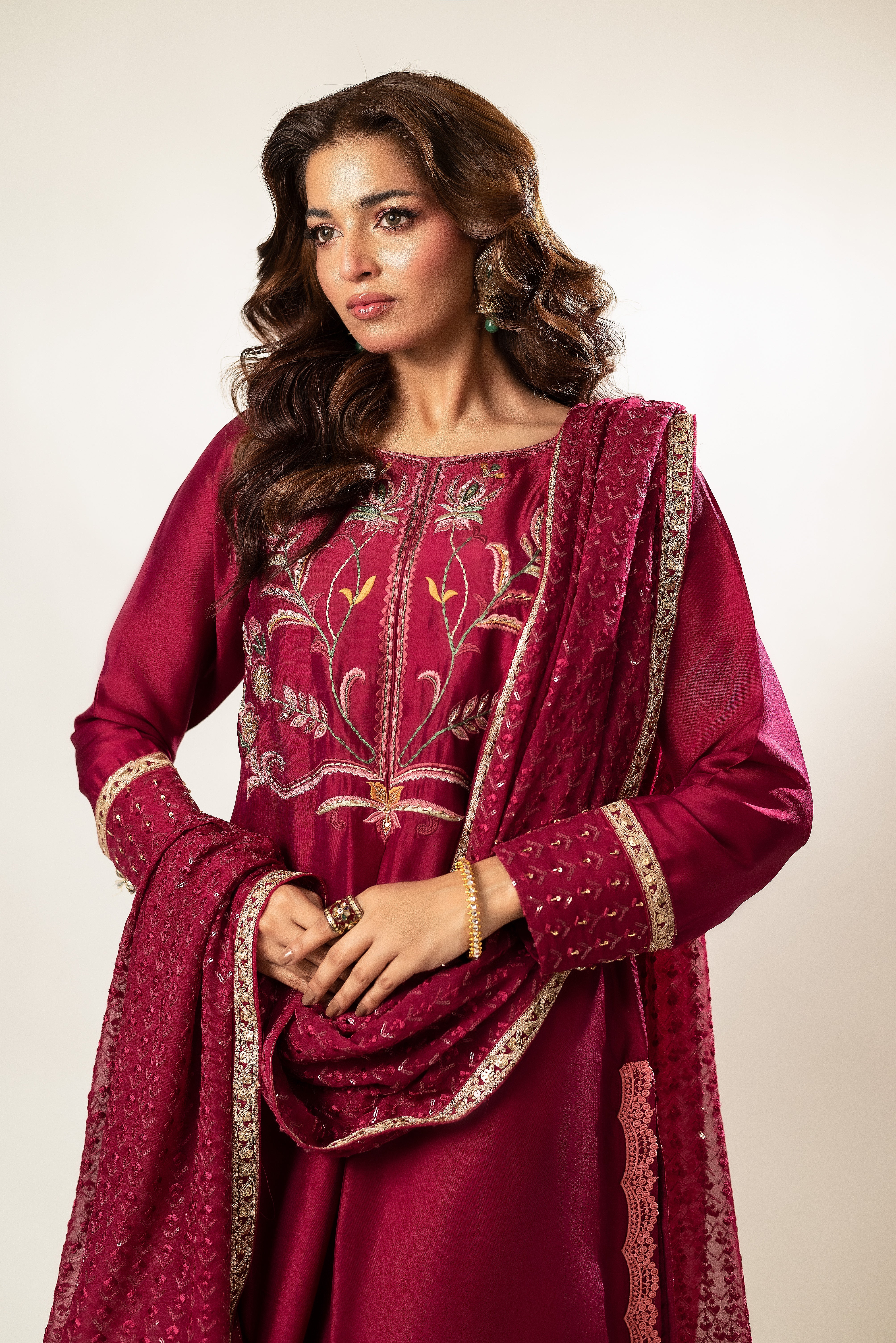 Magenta Embroidered Sheesha Silk Salwar Kameez (3-Piece) - Image 2