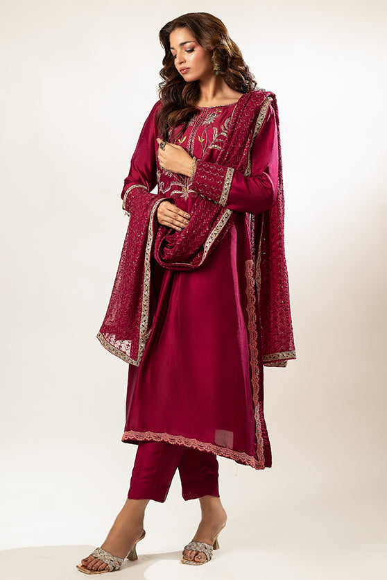 Magenta Embroidered Sheesha Silk Salwar Kameez (3-Piece) - Image 3