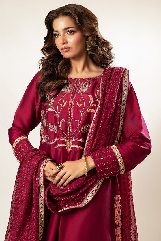 Magenta Embroidered Sheesha Silk Salwar Kameez (3-Piece) - Image 4