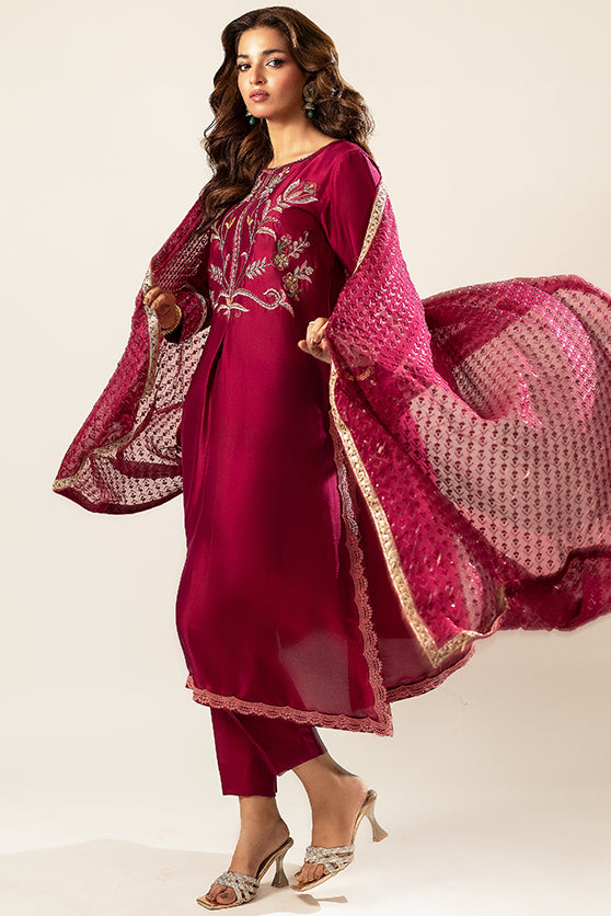 Magenta Embroidered Sheesha Silk Salwar Kameez (3-Piece) - Image 7