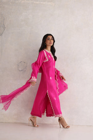 Hot Pink Aari Embroidered Silk Salwar Kameez (3-Piece) - Image 3
