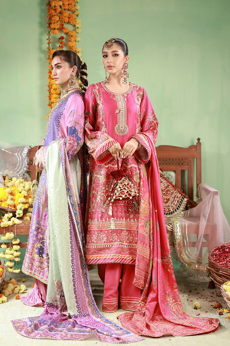 Pakistani Magenta Embellished Silk-Blend Kurta Set (3-Piece) - Image 9