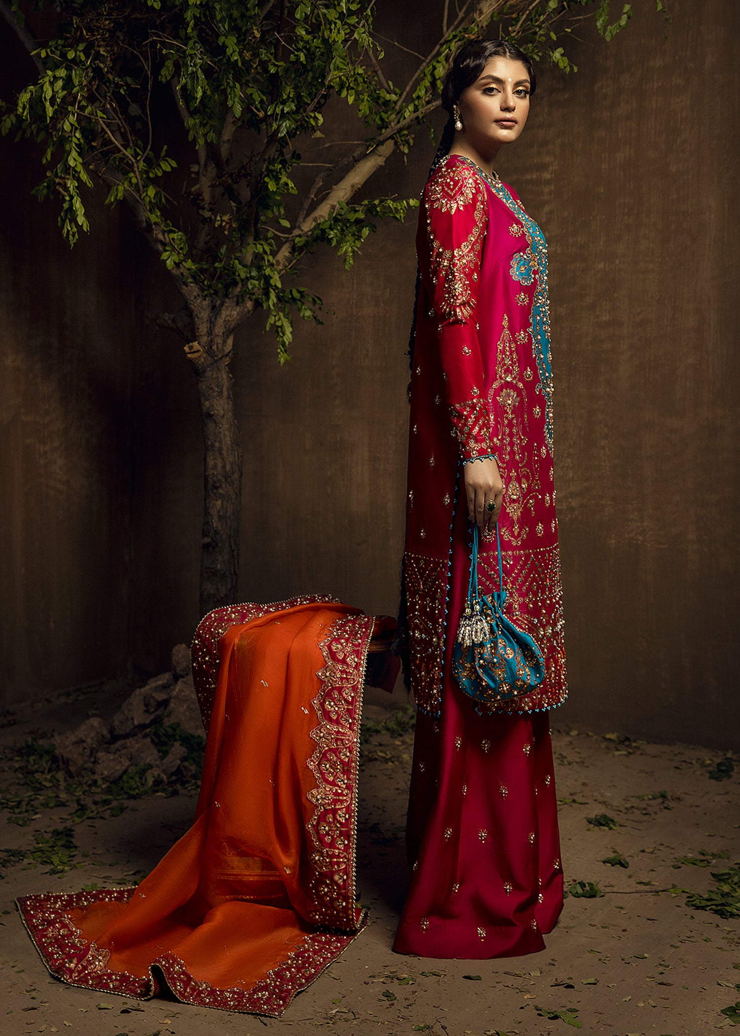 Pakistani Fuchsia Pink Hand-Embellished Silk-Blend Salwar Kameez (3-Piece) - Image 2