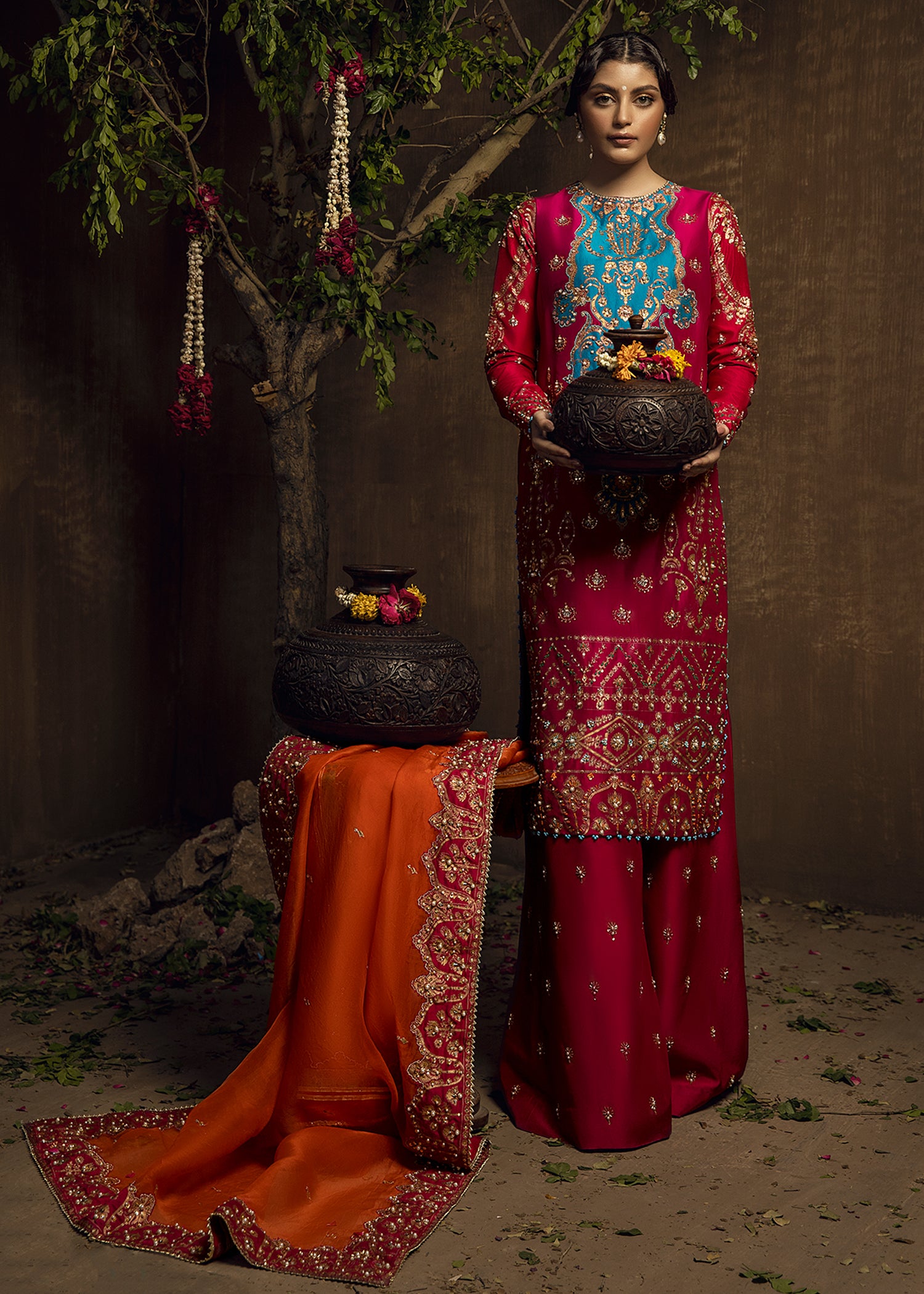 Pakistani Fuchsia Pink Hand-Embellished Silk-Blend Salwar Kameez (3-Piece) - Image 3