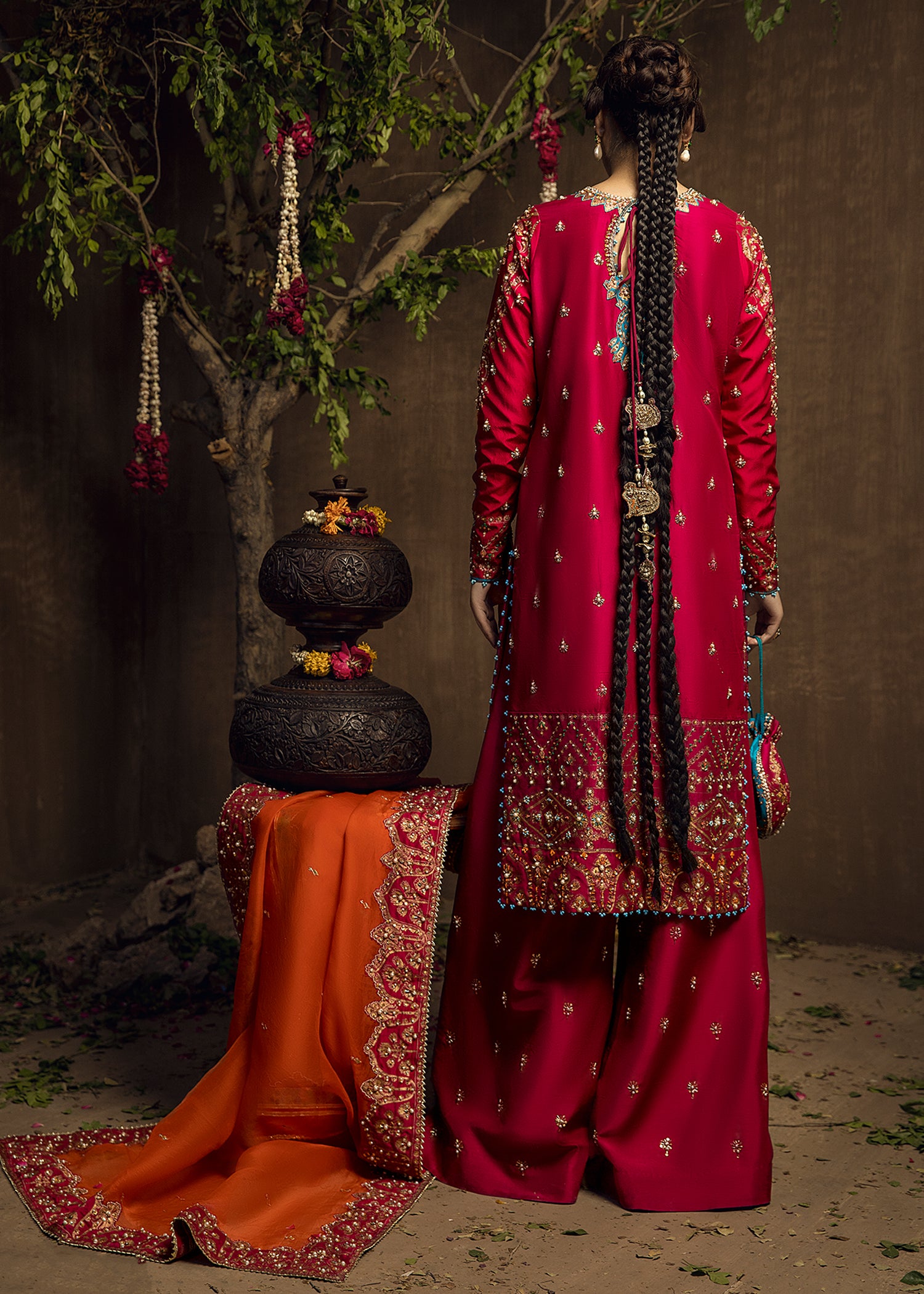 Pakistani Fuchsia Pink Hand-Embellished Silk-Blend Salwar Kameez (3-Piece) - Image 4