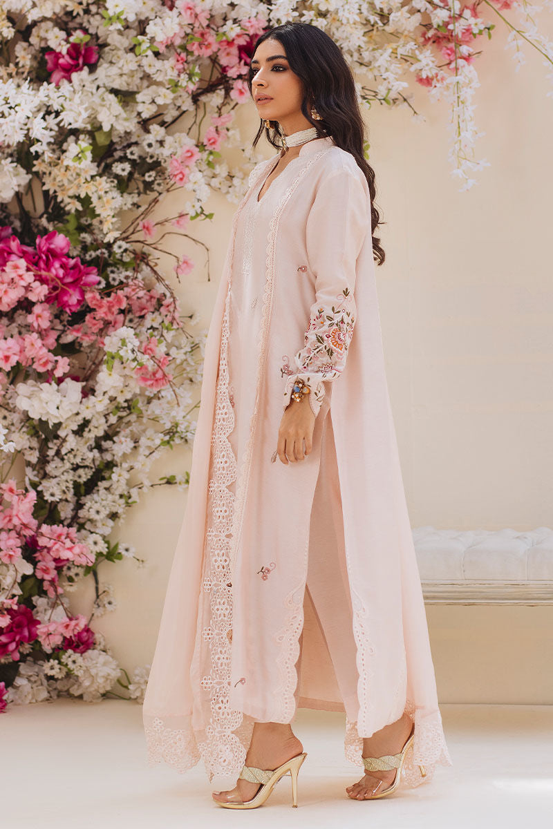 Pakistani Mellow Pink Embroidered Silk Salwar Kameez (3-Piece) - Image 3