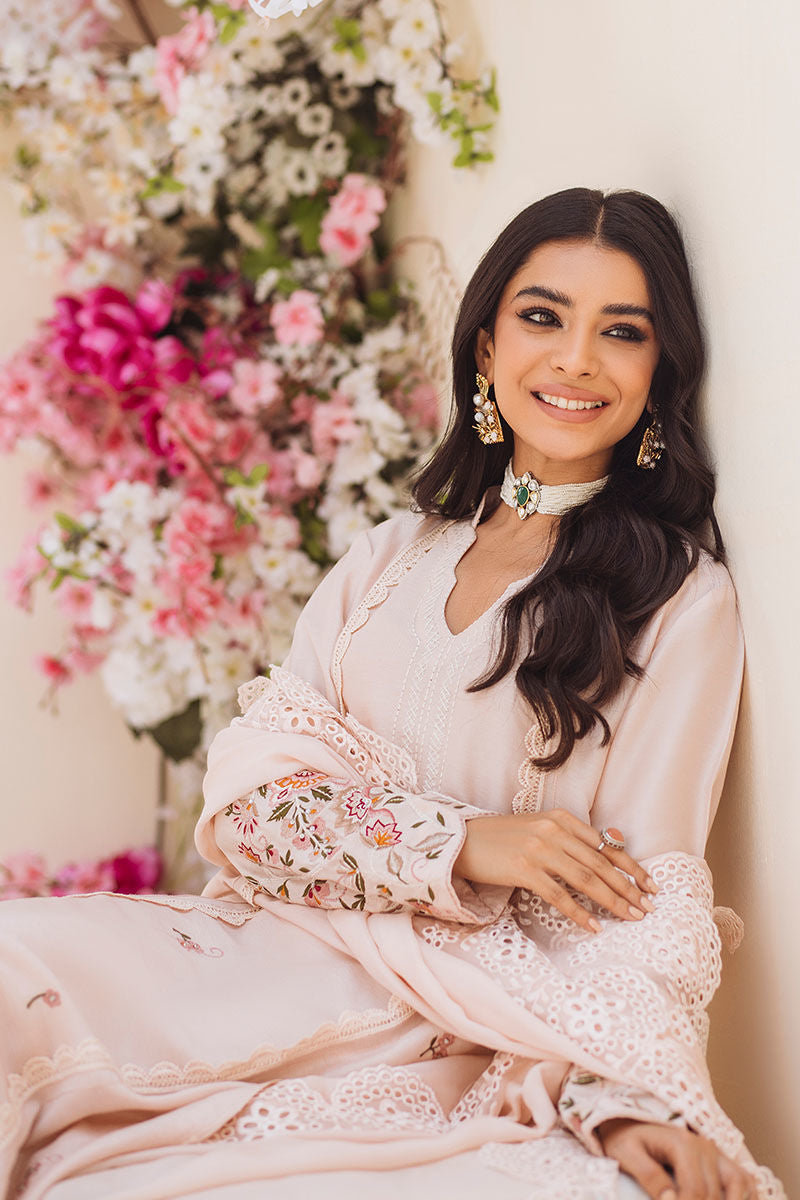 Pakistani Mellow Pink Embroidered Silk Salwar Kameez (3-Piece) - Image 5