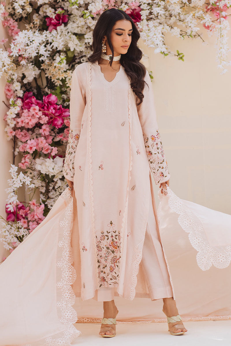 Pakistani Mellow Pink Embroidered Silk Salwar Kameez (3-Piece) - Image 6