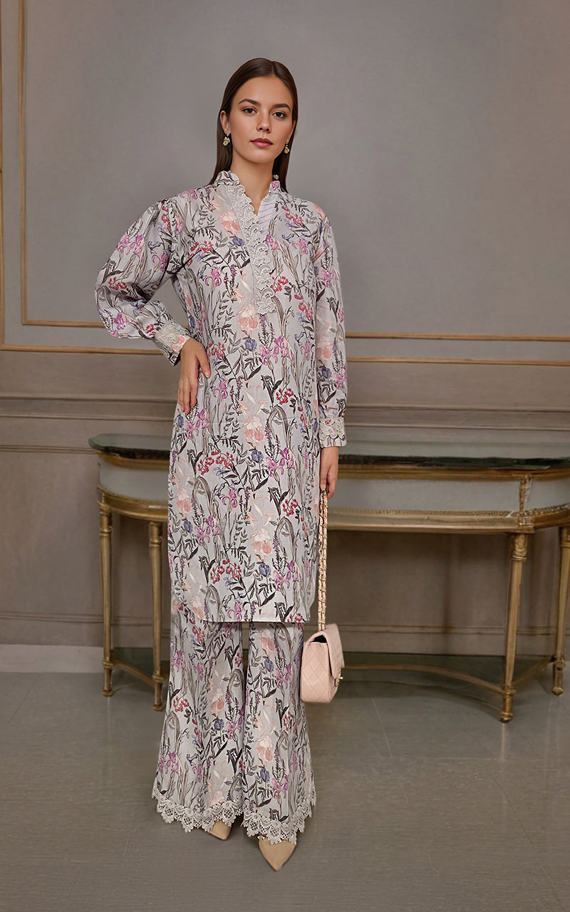 Pastel Floral Embroidered Lace Silk 2-Piece Suit - Image 3