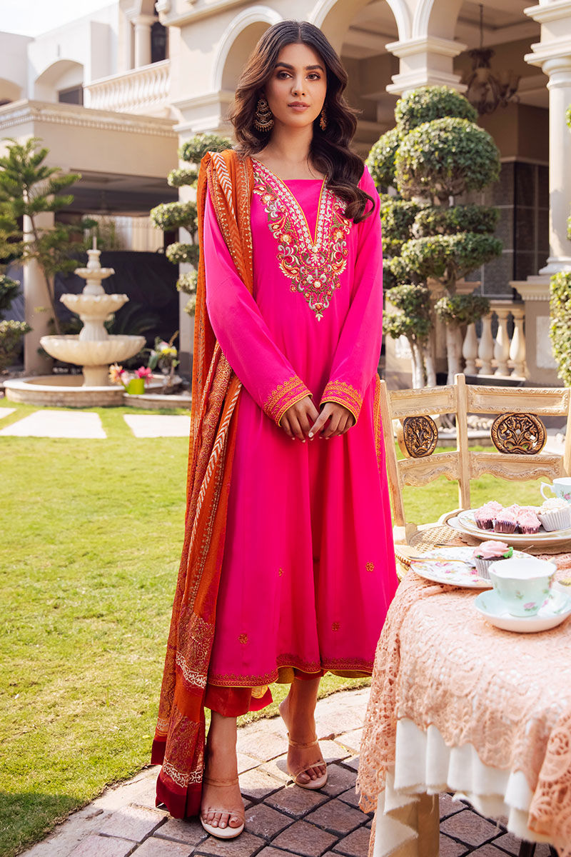 Fuschia Pink Embroidered Silk Salwar Kameez (3-Piece) - Image 1
