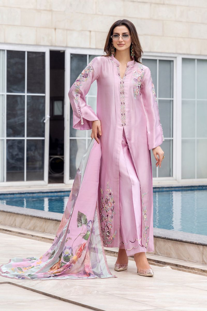 Pakistani Baby Pink Embroidered Pure Silk Salwar Kameez (3-Piece) - Image 1