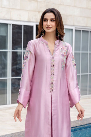 Pakistani Baby Pink Embroidered Pure Silk Salwar Kameez (3-Piece) - Image 3