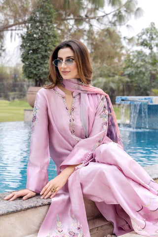 Pakistani Baby Pink Embroidered Pure Silk Salwar Kameez (3-Piece) - Image 4