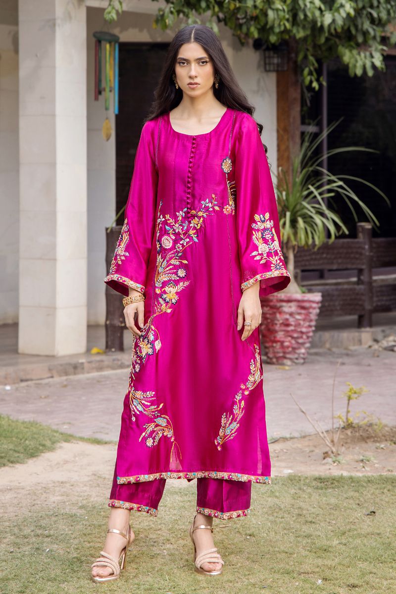 Fuchsia Embroidered Pure Silk Salwar Kameez (3-Piece) - Image 1