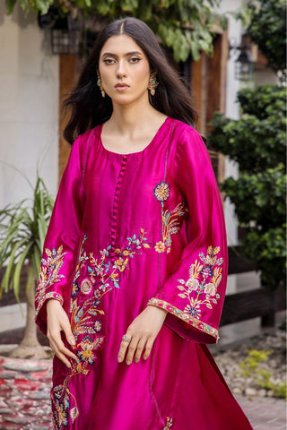 Fuchsia Embroidered Pure Silk Salwar Kameez (3-Piece) - Image 3