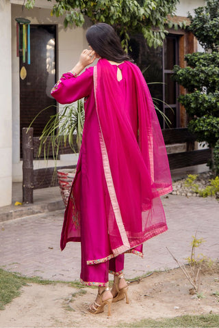 Fuchsia Embroidered Pure Silk Salwar Kameez (3-Piece) - Image 4