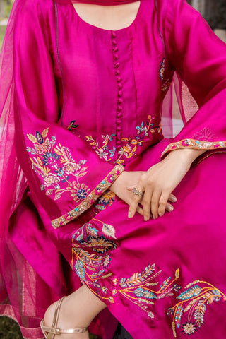 Fuchsia Embroidered Pure Silk Salwar Kameez (3-Piece) - Image 5