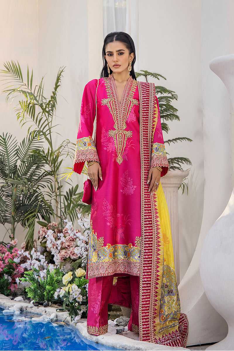 Pakistani Fuchsia Pink Embroidered Silk 3-Piece Suit - Image 1