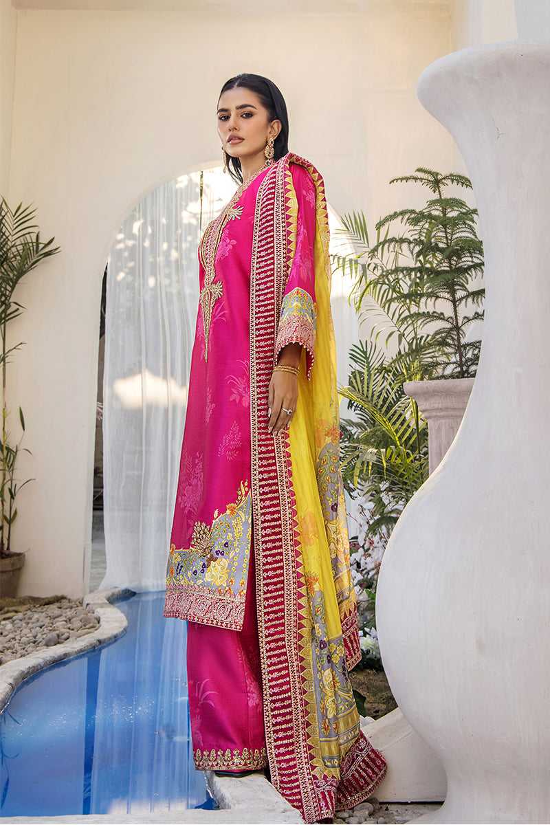 Pakistani Fuchsia Pink Embroidered Silk 3-Piece Suit - Image 2