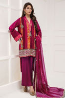 Pakistani Pink Maroon Rust Embroidered Silk Hi-Low Kameez (3-Piece) - Image 2