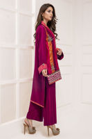 Pakistani Pink Maroon Rust Embroidered Silk Hi-Low Kameez (3-Piece) - Image 3