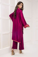 Pakistani Pink Maroon Rust Embroidered Silk Hi-Low Kameez (3-Piece) - Image 4