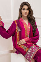 Pakistani Pink Maroon Rust Embroidered Silk Hi-Low Kameez (3-Piece) - Image 5