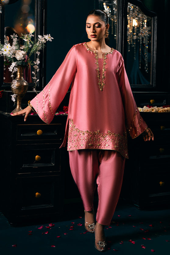 Tea Pink Hand-Embroidered Silk Salwar Kameez (3-Piece) - Image 2