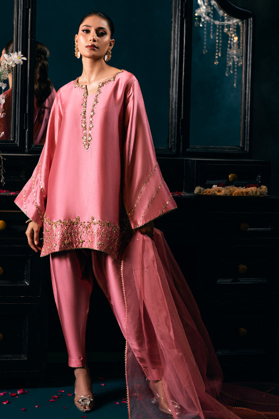 Tea Pink Hand-Embroidered Silk Salwar Kameez (3-Piece) - Image 3
