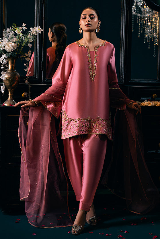 Tea Pink Hand-Embroidered Silk Salwar Kameez (3-Piece) - Image 4